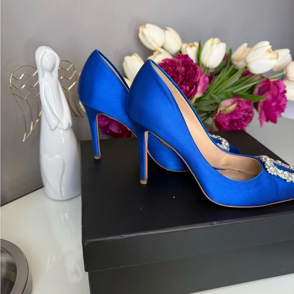 Badgley Mischka Blue Satin Heels with Sparkling Buckle - Picture 3 of 6